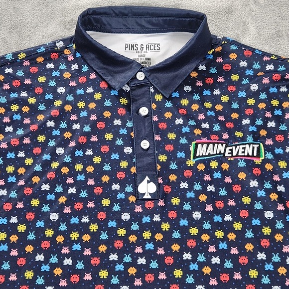 Pins & Aces Polo‎ Shirt Mens Large Space Invaders Golf Retro Gamer - Picture 3 of 11